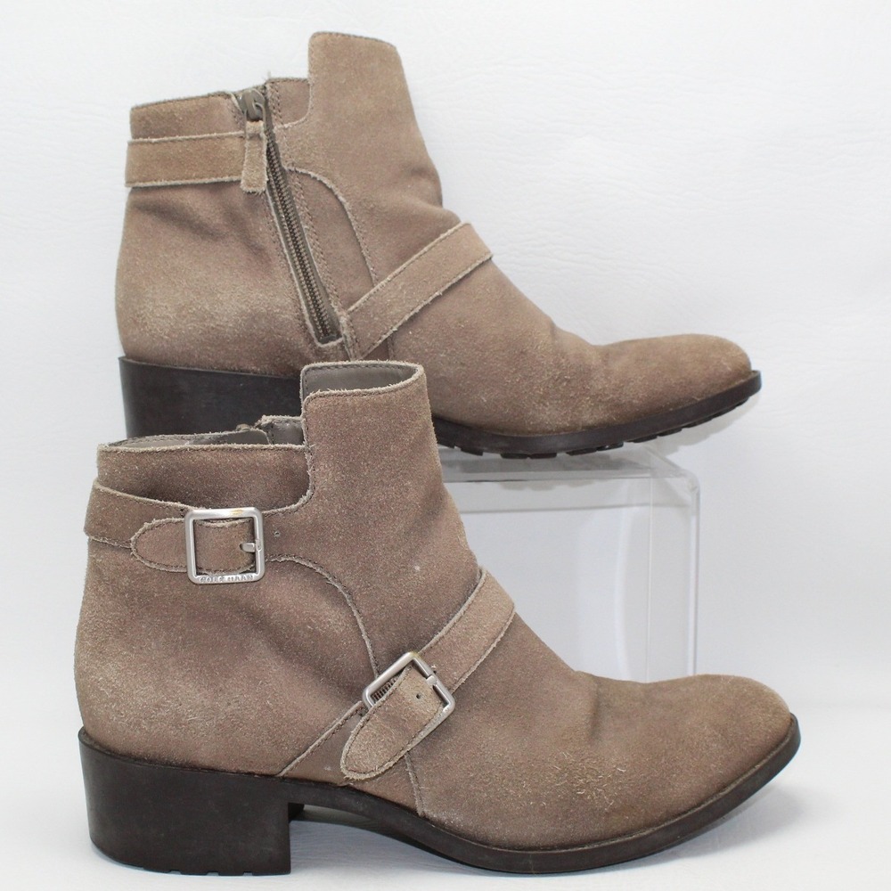 Cole Haan Womens Taupe Suede Moto Ankle Boots Buckle Zip D42553 Size 10B
